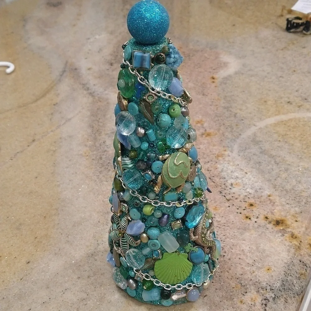 Vintage decor repurposed jewelry Christmas tree blue aqua green 10